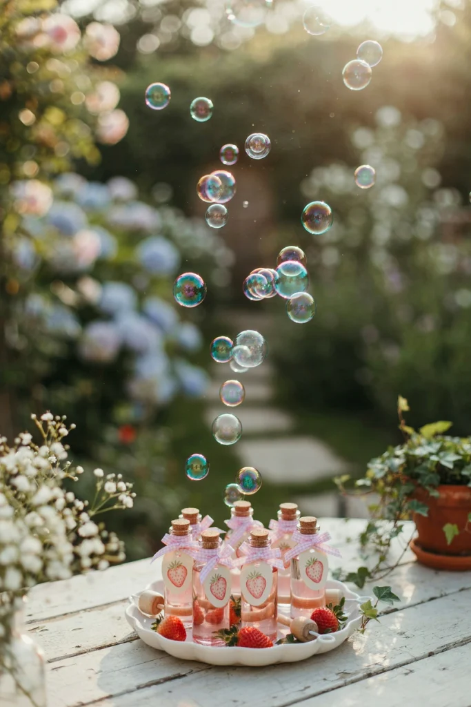 Bubble wands and bottles with berry-themed tags set out on a tray