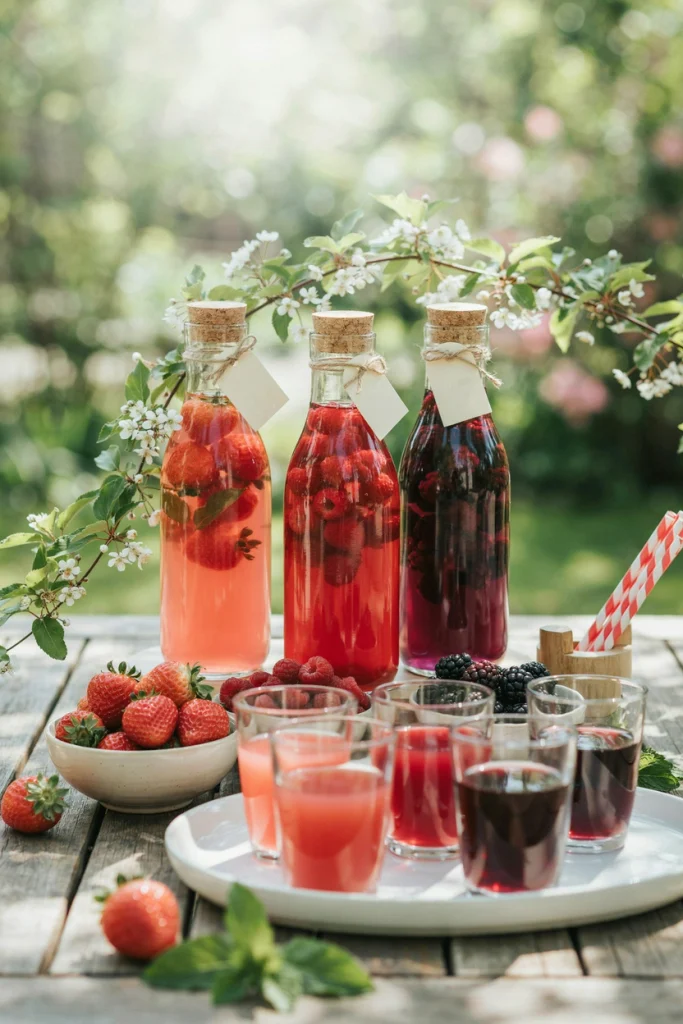 Berry mocktail station with pink and red drinks in labeled glass bottles