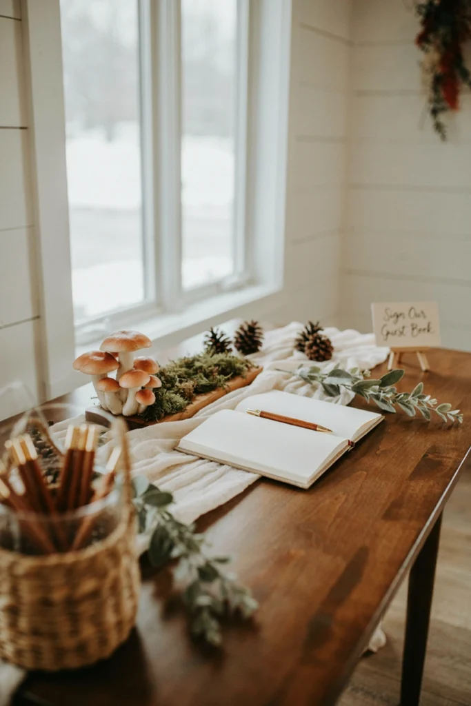 A small side table topped with faux mushrooms, moss, and a linen-bound guest book with a wood-handled pen