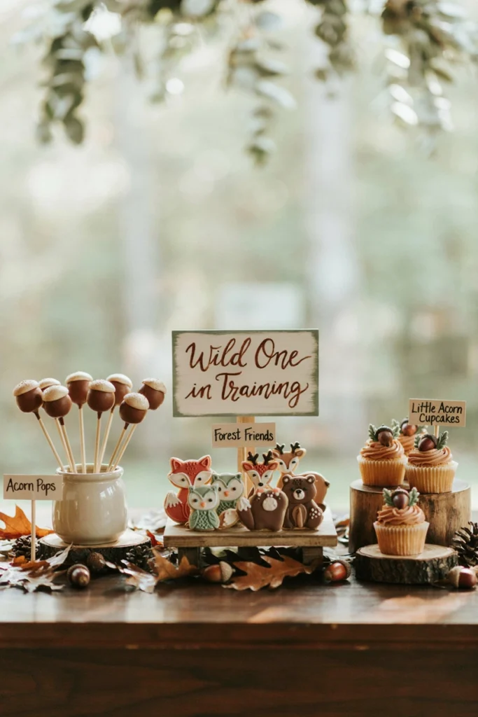 A dessert display with small wooden signs reading playful woodland-themed labels next to acorn-shaped cake pops