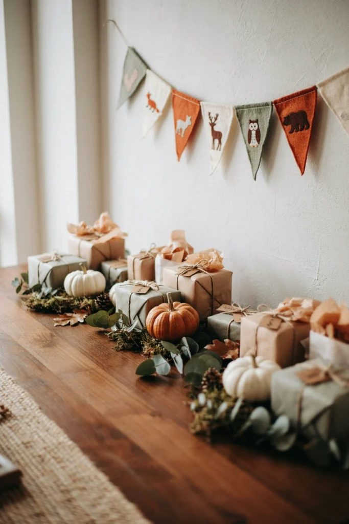 A felt bunting banner featuring a fox, deer, owl, and bear in muted sage and rust tones strung above a gift table