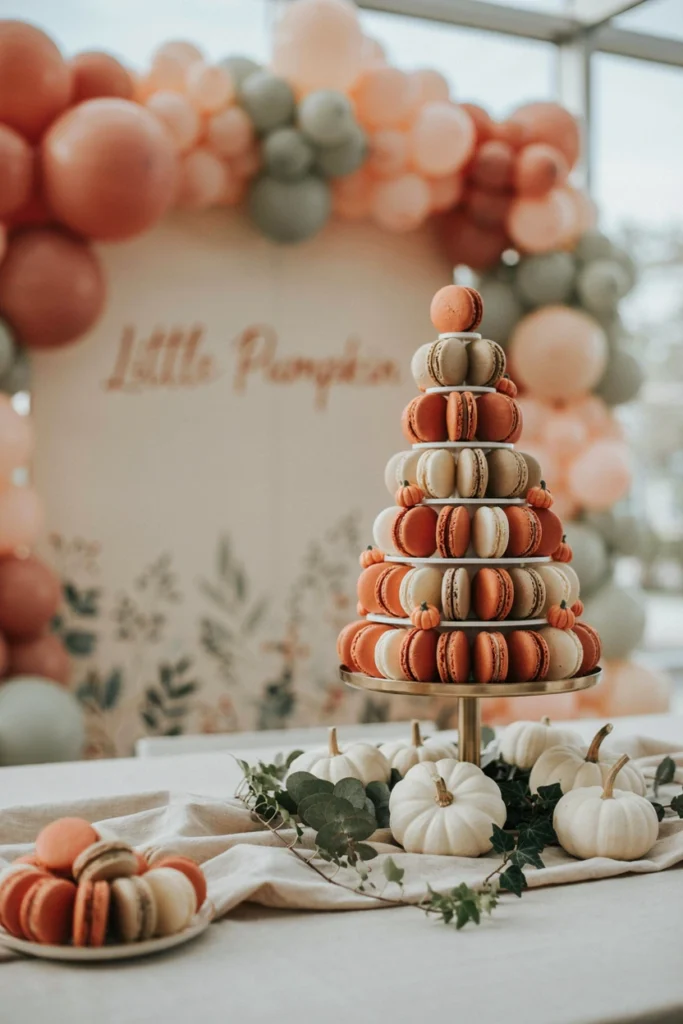 Tiered tower of orange and cream macarons styled for a pumpkin baby shower