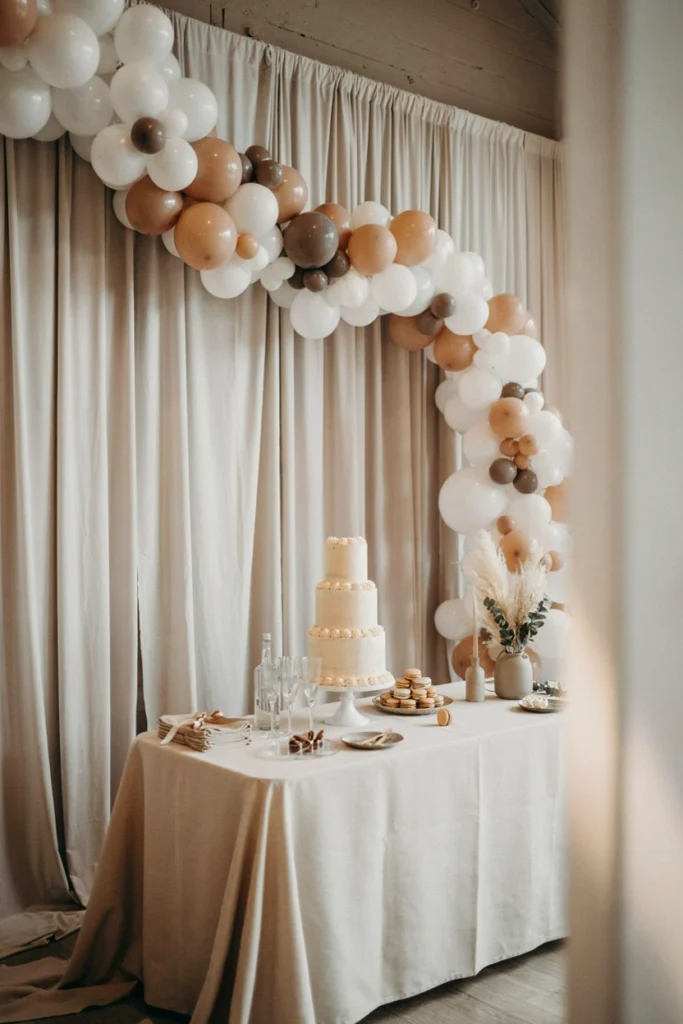 Sophisticated white and nude balloon arch in a formal indoor venue
