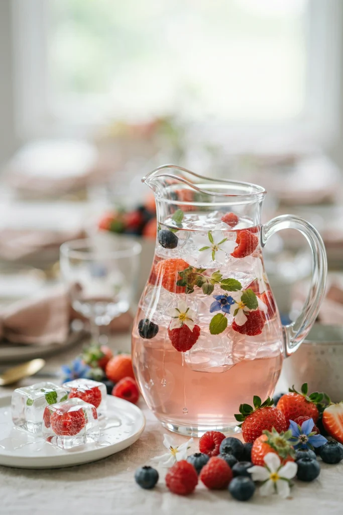 Pitcher of water with ice cubes frozen with berries and edible flowers