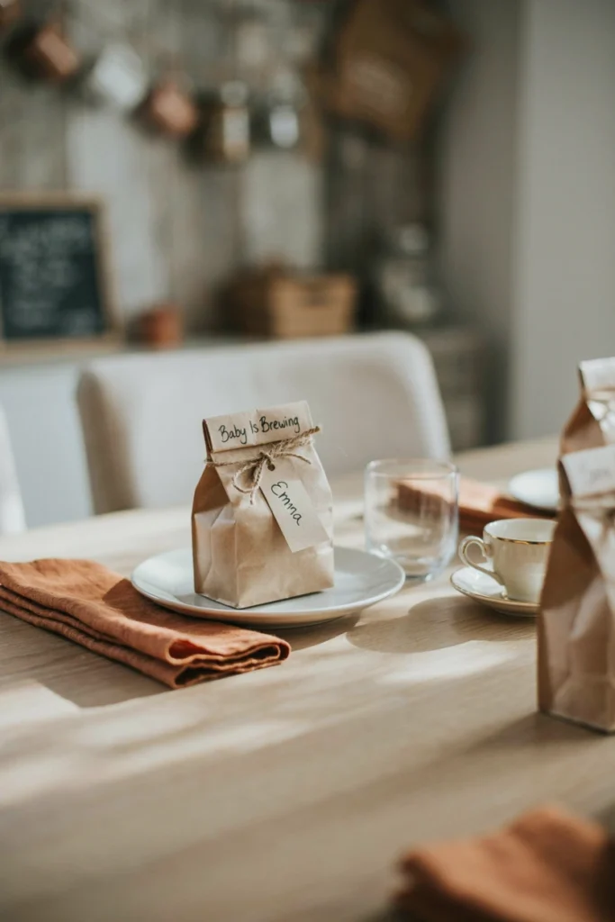 Kraft coffee bag place cards stamped with guest names