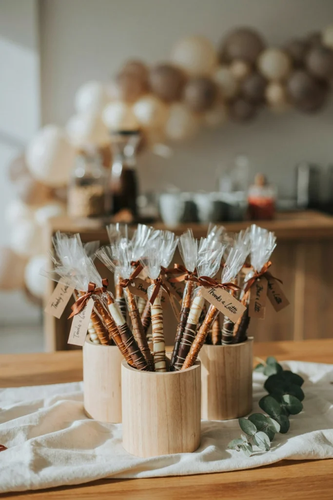 Chocolate dipped pretzel favors with thank you tags