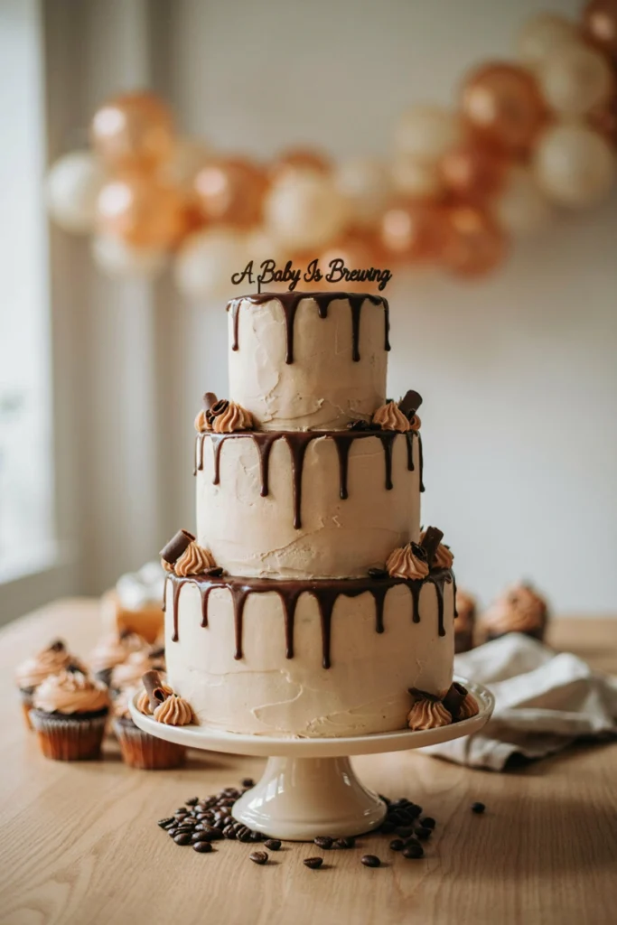 Mocha cake with chocolate drizzle and coffee themed cake topper