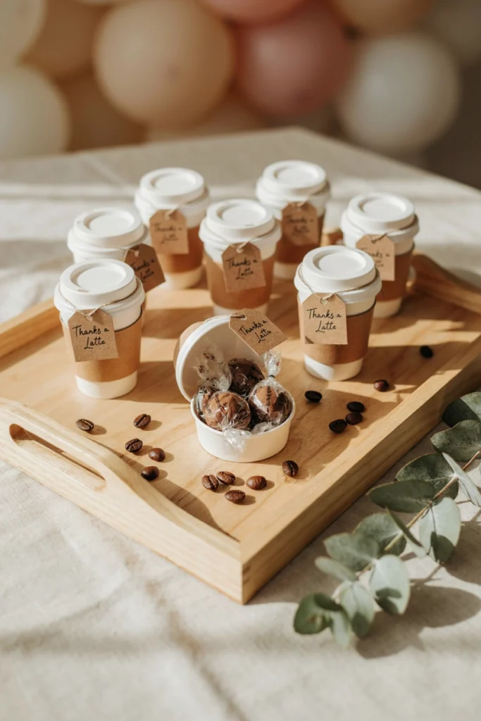 Coffee cup shaped favor boxes with thank you tags