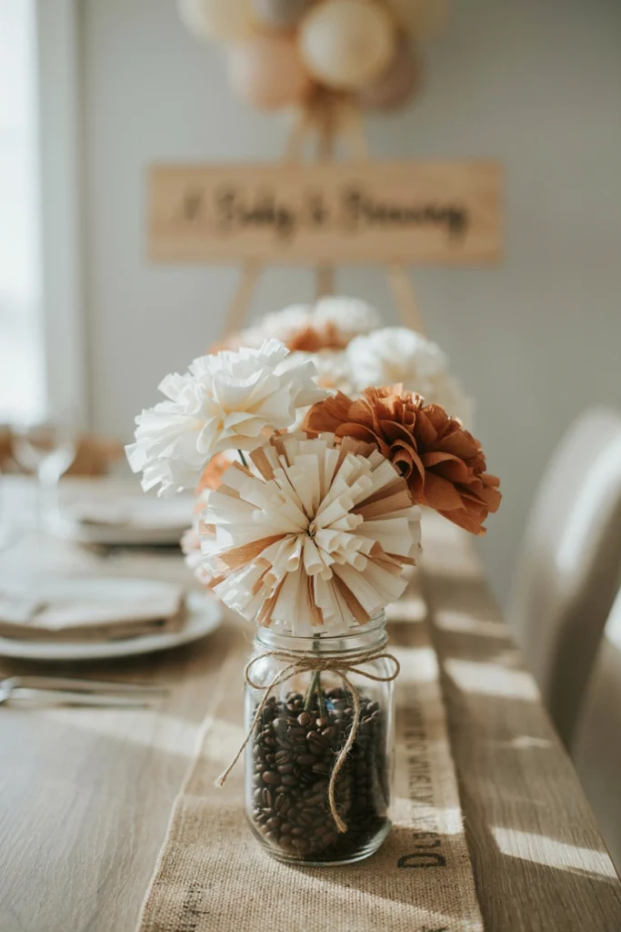 DIY coffee filter flower bouquet in a mason jar centerpiece