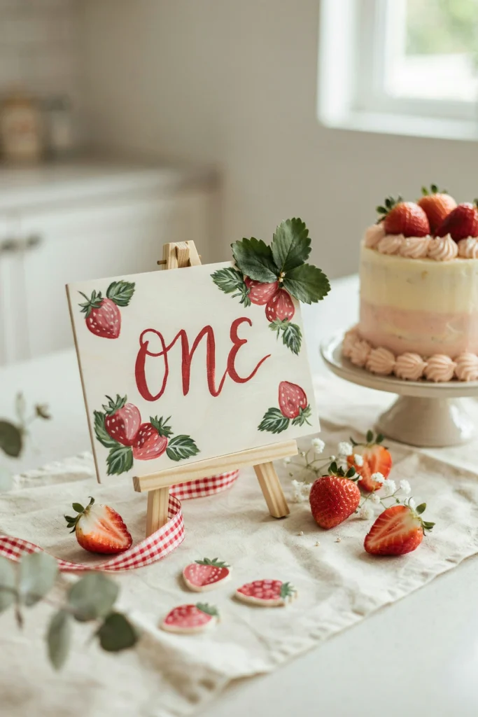 Hand-painted wooden Berry 1 milestone sign with a strawberry leaf accent