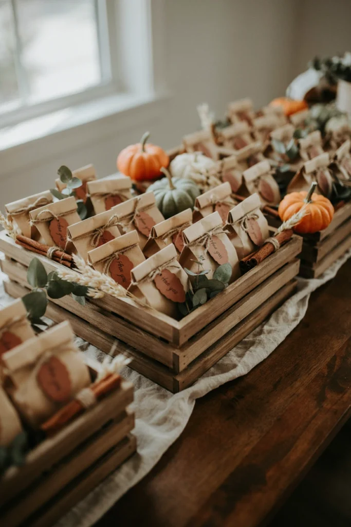 Small kraft bags filled with spiced tea or cocoa mix, tied with twine and a fall leaf tag