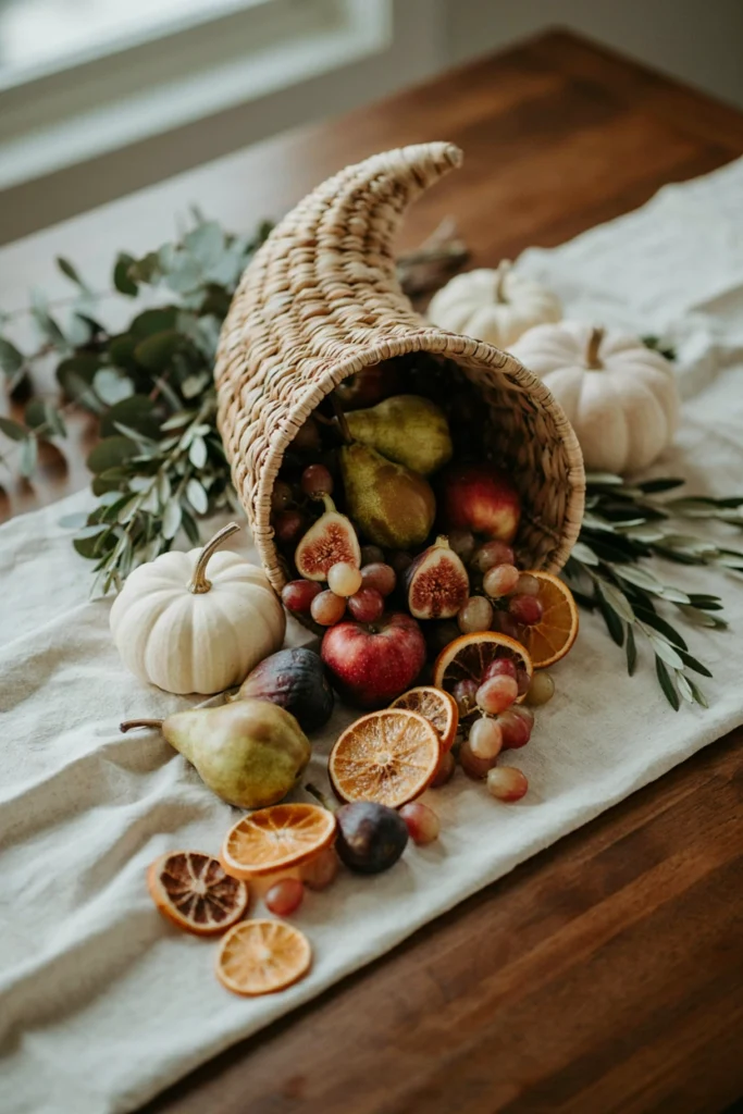 A modern take on a cornucopia with fresh figs, grapes, and pears spilling out of a woven horn-shaped basket