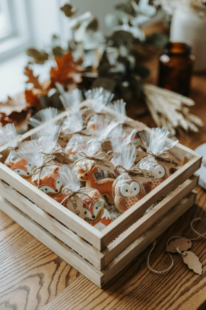 Individually wrapped cookies shaped like foxes, deer, and owls, tied with twine and a small kraft paper tag