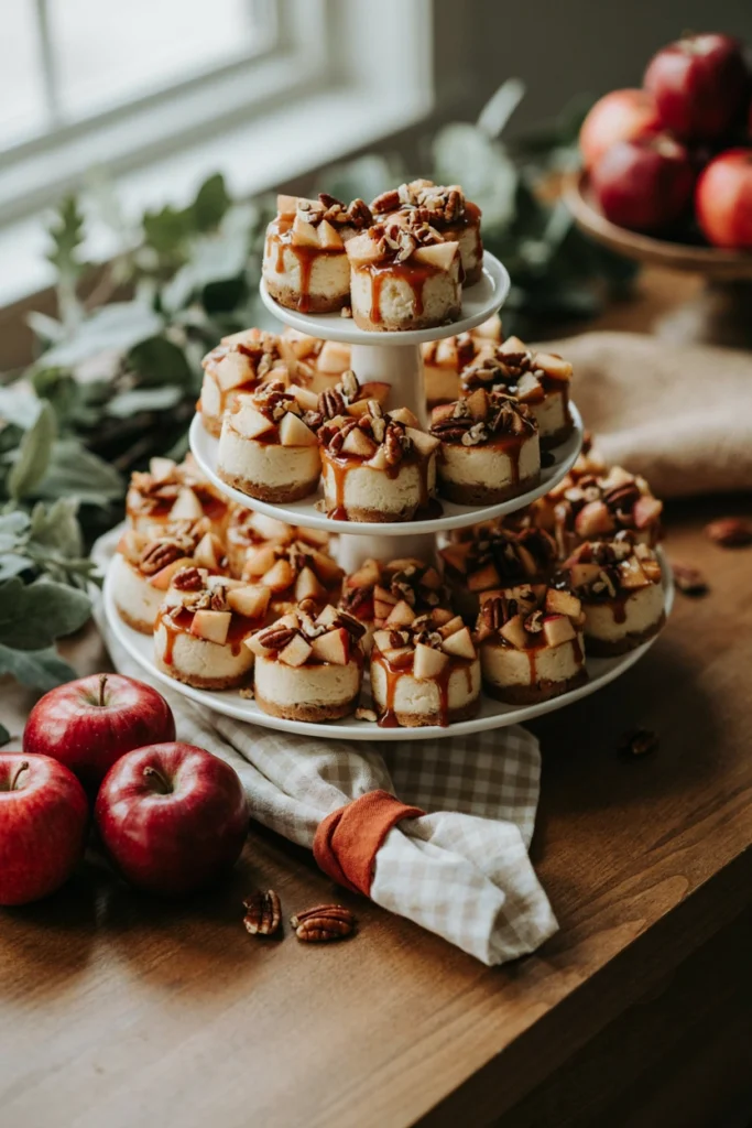 A tiered dessert stand of mini caramel apple cheesecake bites drizzled with caramel and chopped pecans