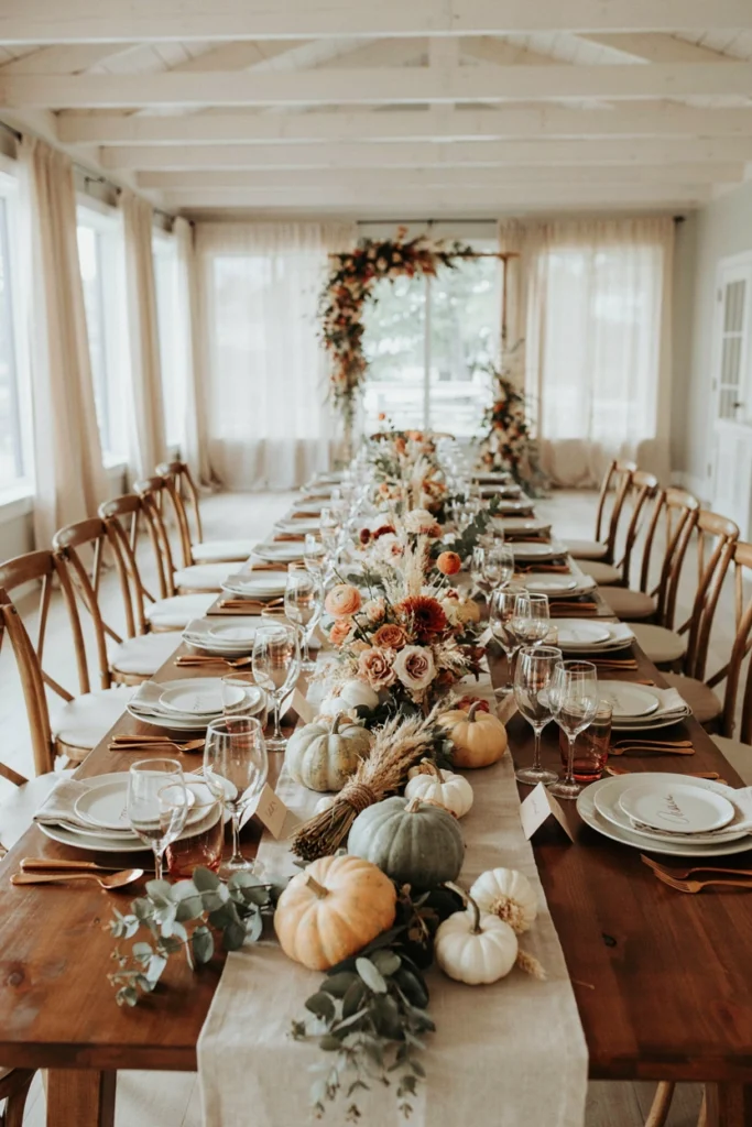 A long wooden farm table styled with an assortment of gourds, candles, and greenery running down the center