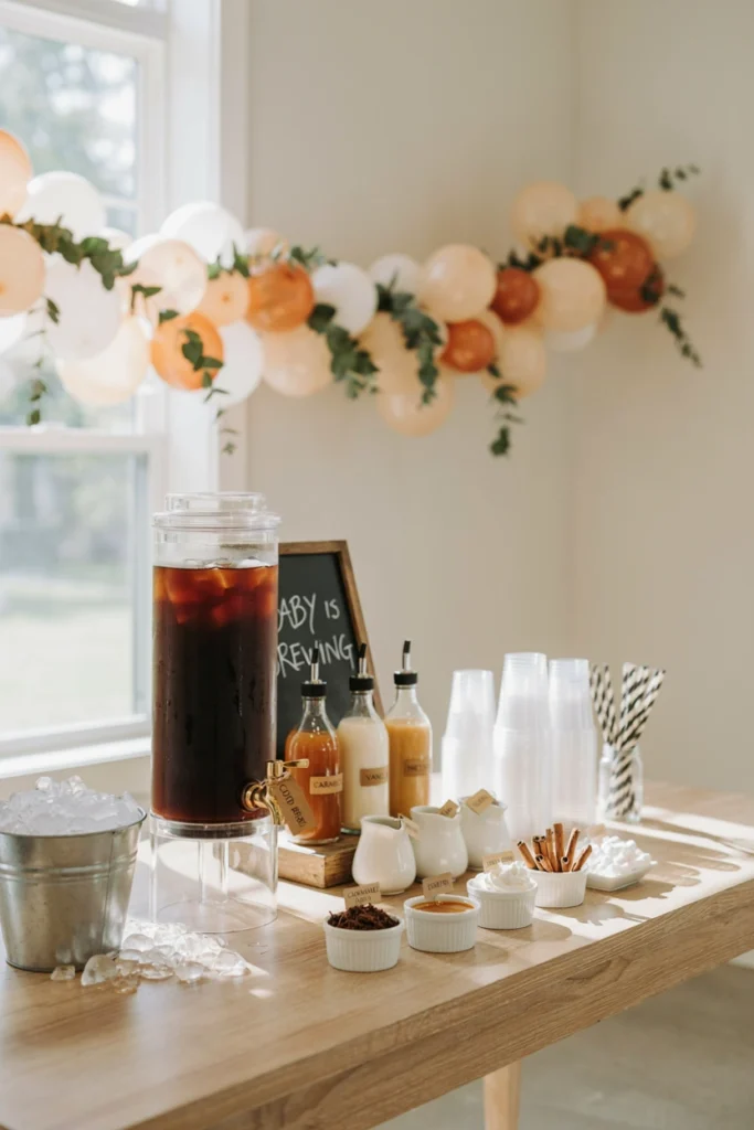 Iced coffee bar with cold brew dispenser and syrups