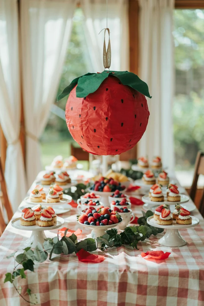 Giant paper strawberry piñata hung as decor above a dessert table