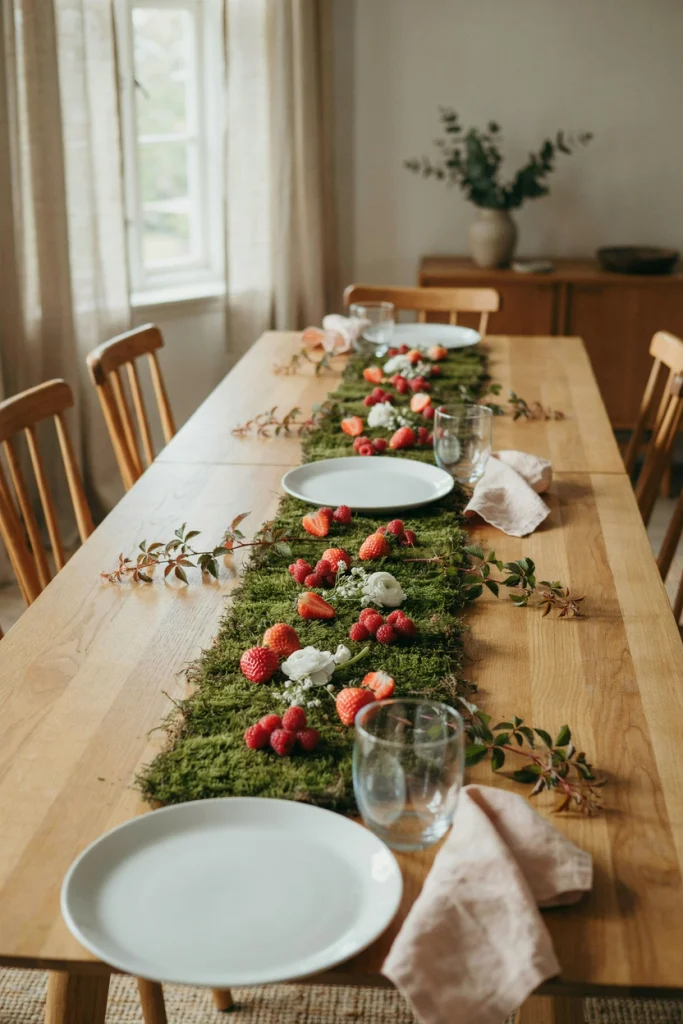 Strip of fresh moss down the table center scattered with loose strawberries