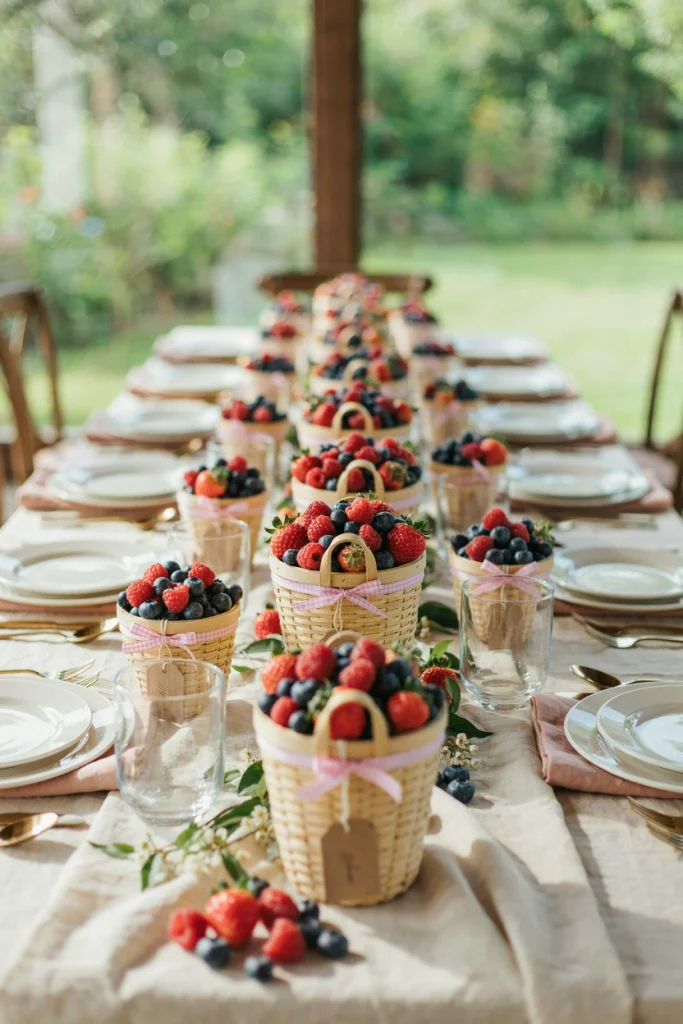 Small woven baskets of berries with ribbon tags down the center of the table