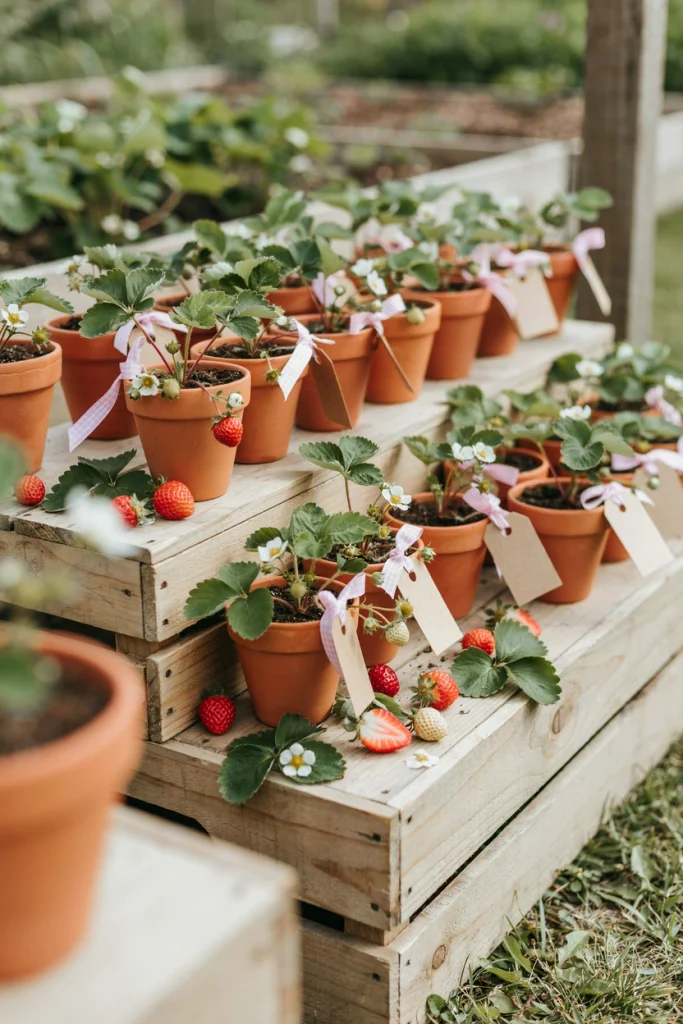 Terracotta pots with strawberry seedlings and a Watch Me Grow ribbon tag