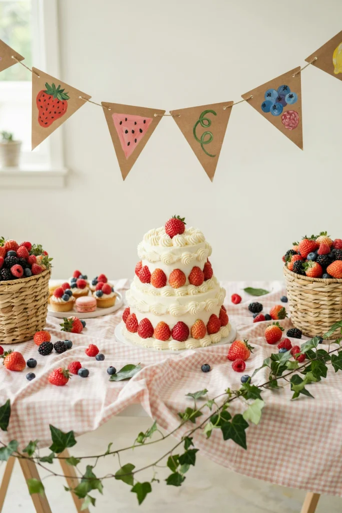 Handwritten banner mixing fruit puns hung behind the cake table
