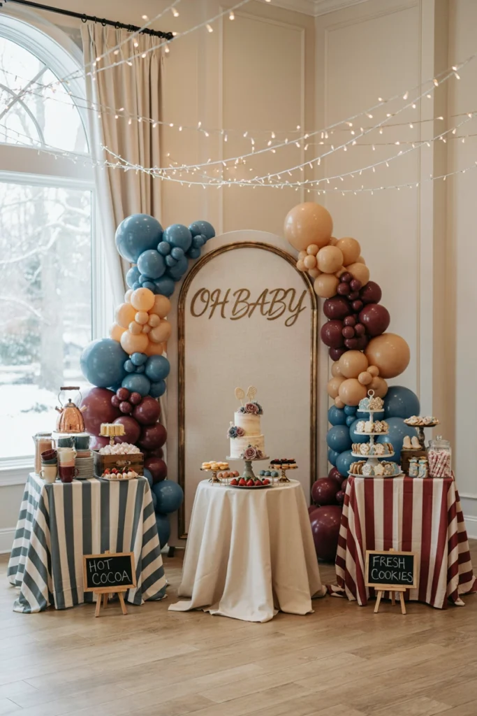 Vintage winter carnival setup with string lights and a mulled cider stand
