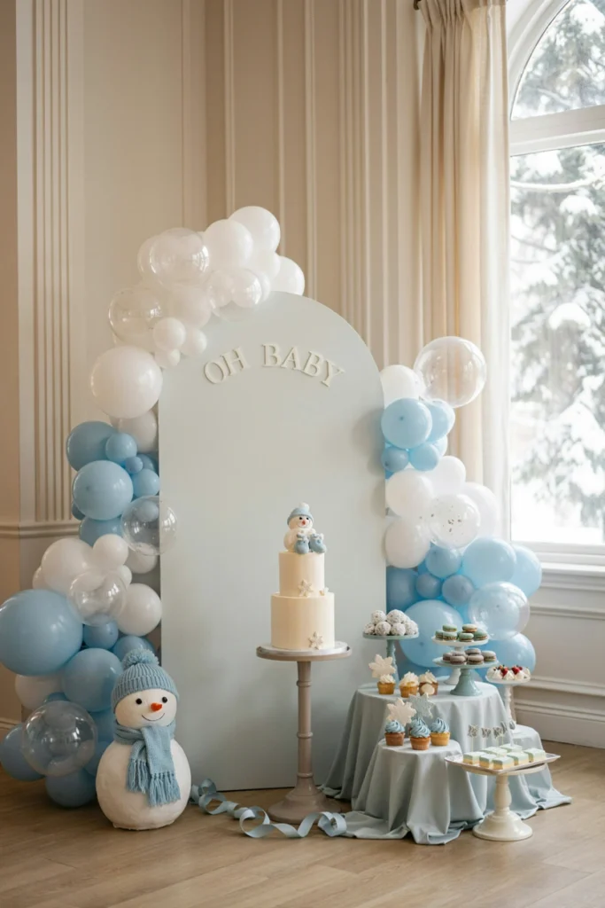 White balloon arch with orange carrot-nose accents and mini top hats
