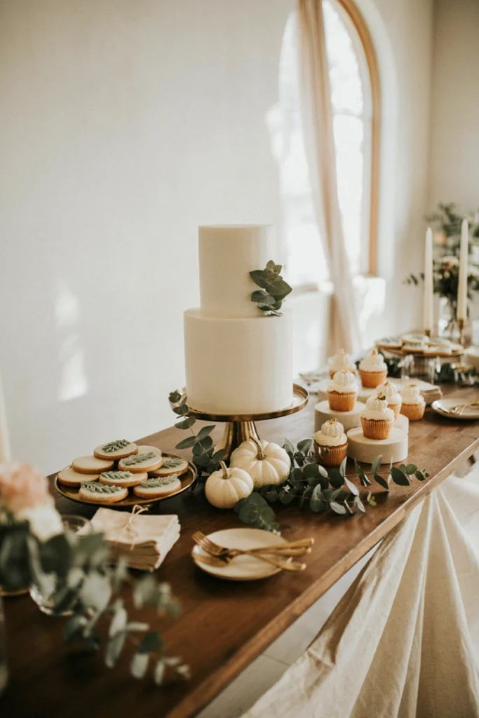 A dessert table styled entirely in cream, ivory, and gold with a single arrangement of white pumpkins and eucalyptus