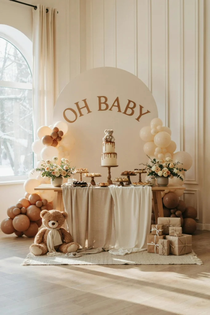 Neutral beige and cream teddy bear baby shower decoration setup