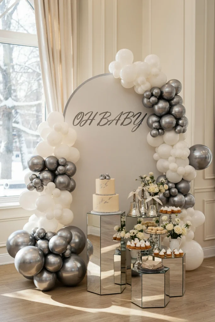 Silver and white centerpiece with jingle bell ornaments and ribbon