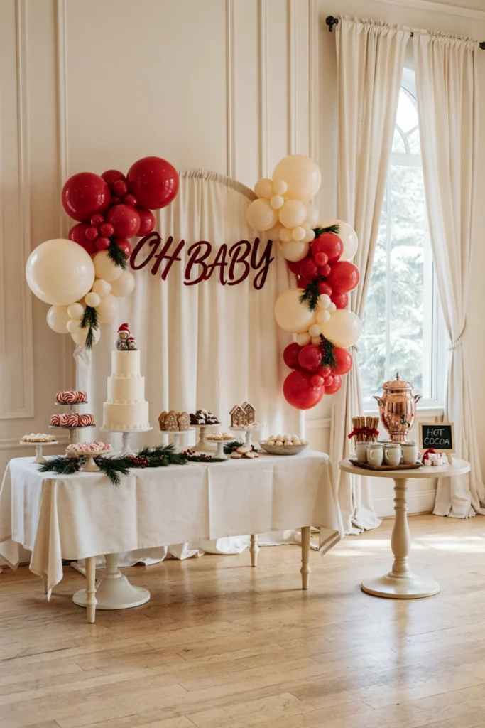 Red, green, and cream knit stocking garland hung as a backdrop wall for a Santa Baby baby shower