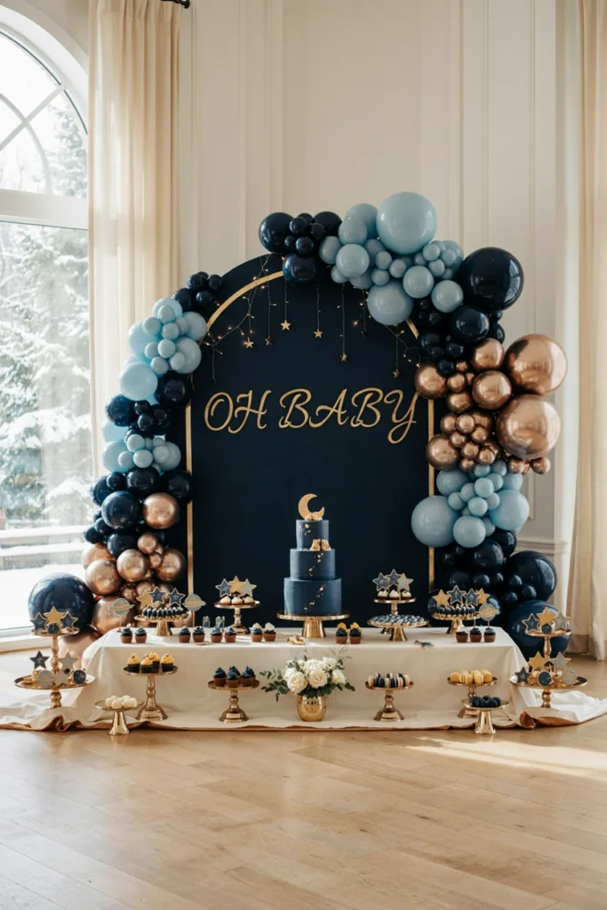 Deep navy backdrop with gold star garland and twinkle lights