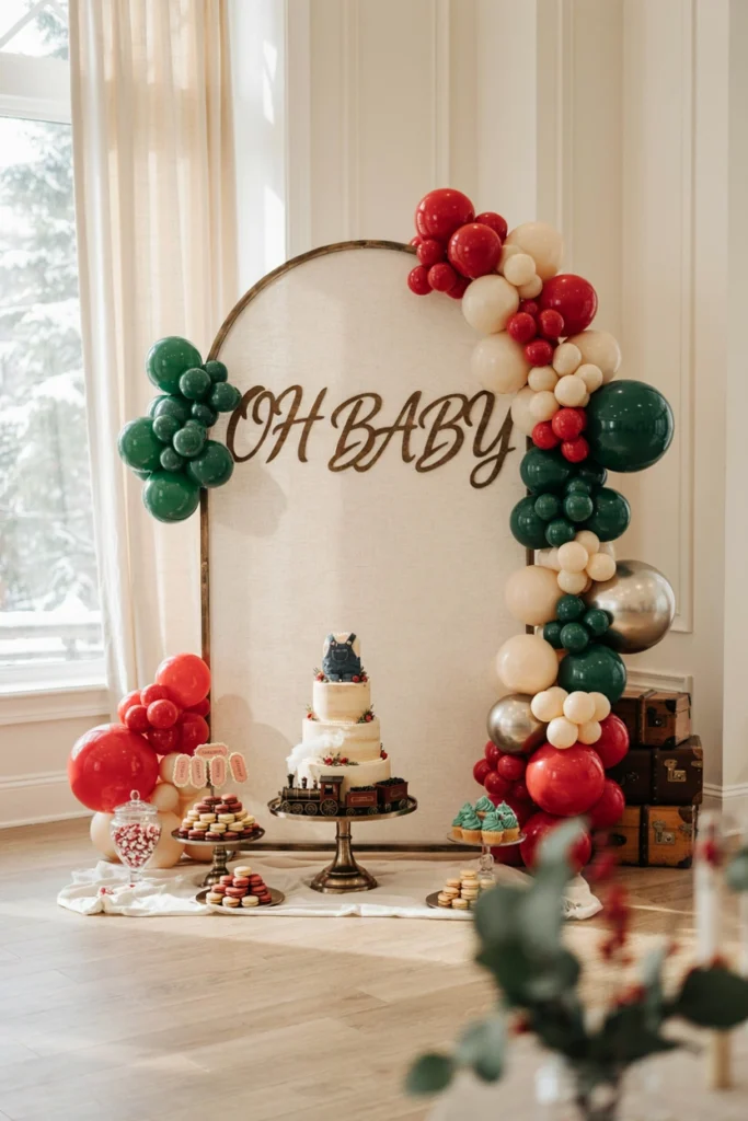 Vintage-style train centerpiece surrounded by red and green decor