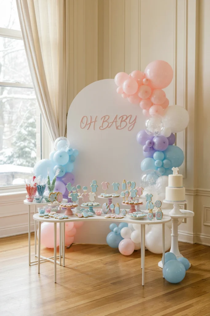 Pastel iced sugar cookies laid out on a white dessert table