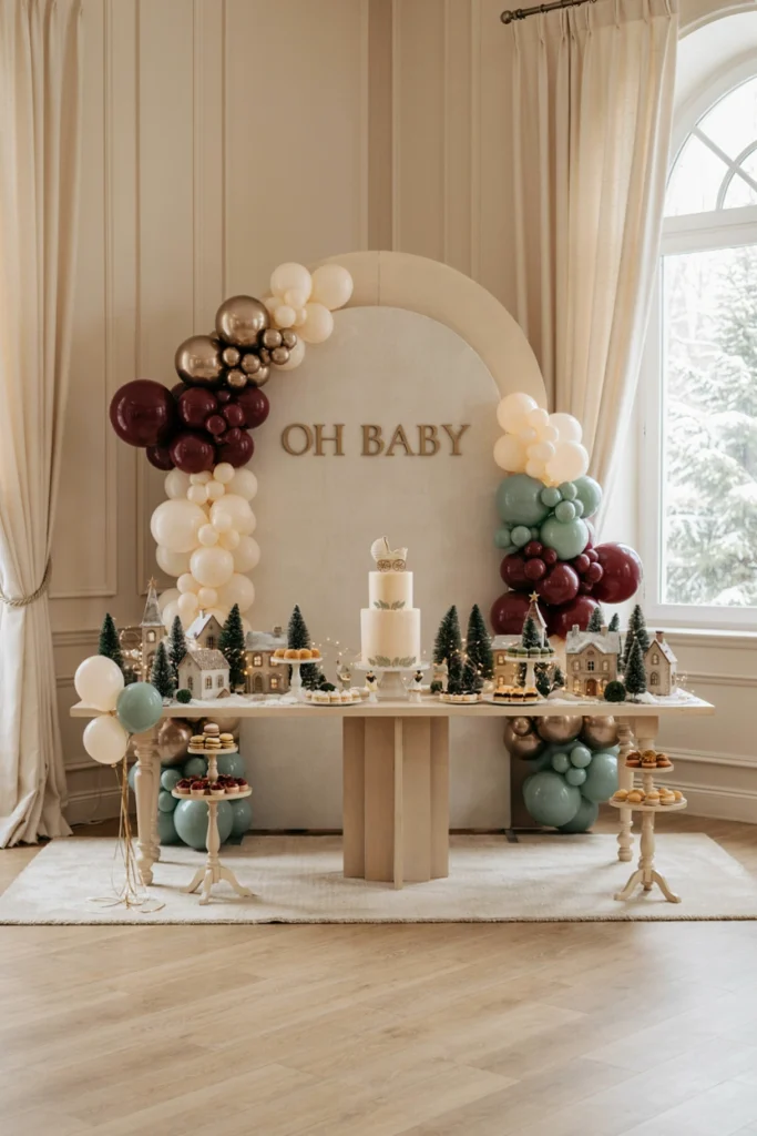 Burgundy, sage, cream, and gold balloon garland with a mini Christmas village display