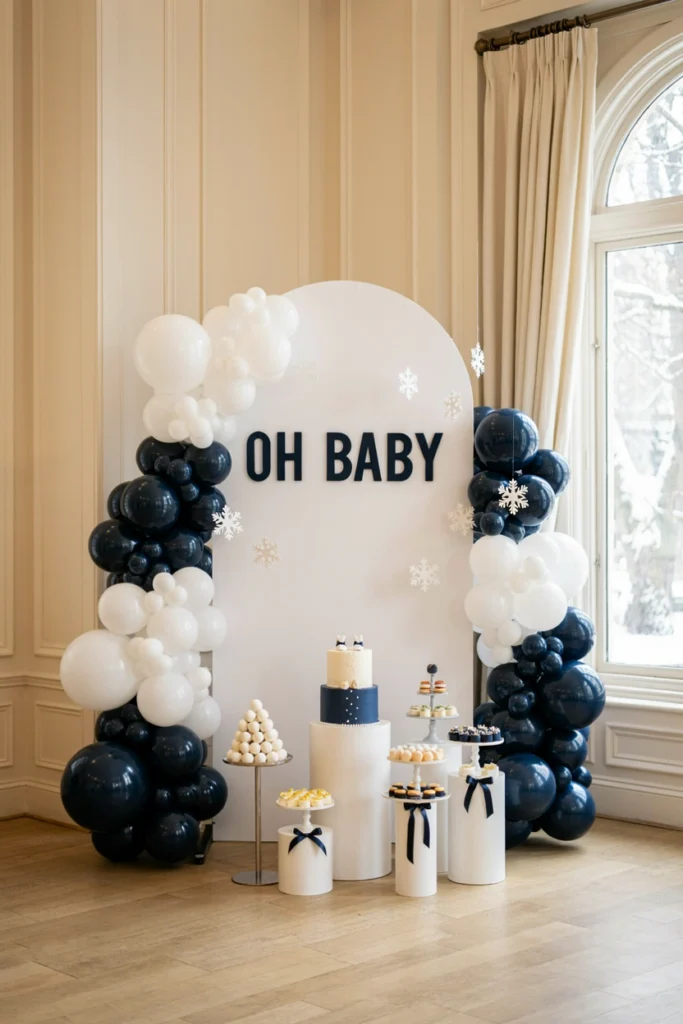 Bold navy and white balloon garland arranged in a graphic, swirling pattern