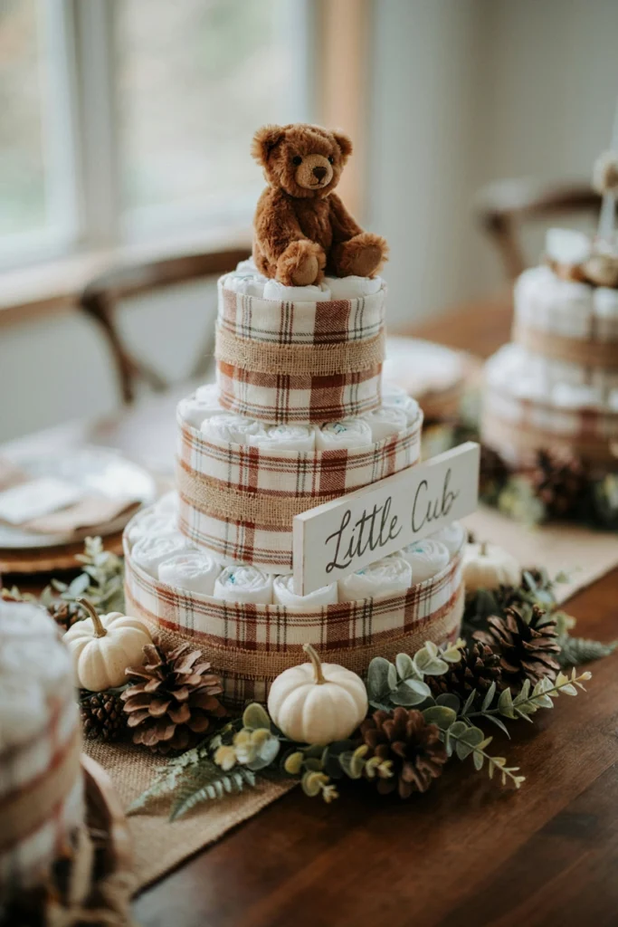 A three-tier diaper cake wrapped in flannel fabric with a small stuffed bear on top and a burlap ribbon