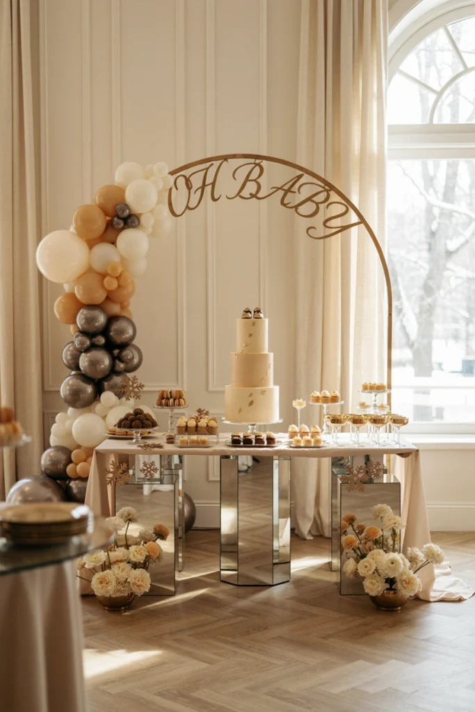 Champagne gold and white dessert table with glitter snowflake ornaments
