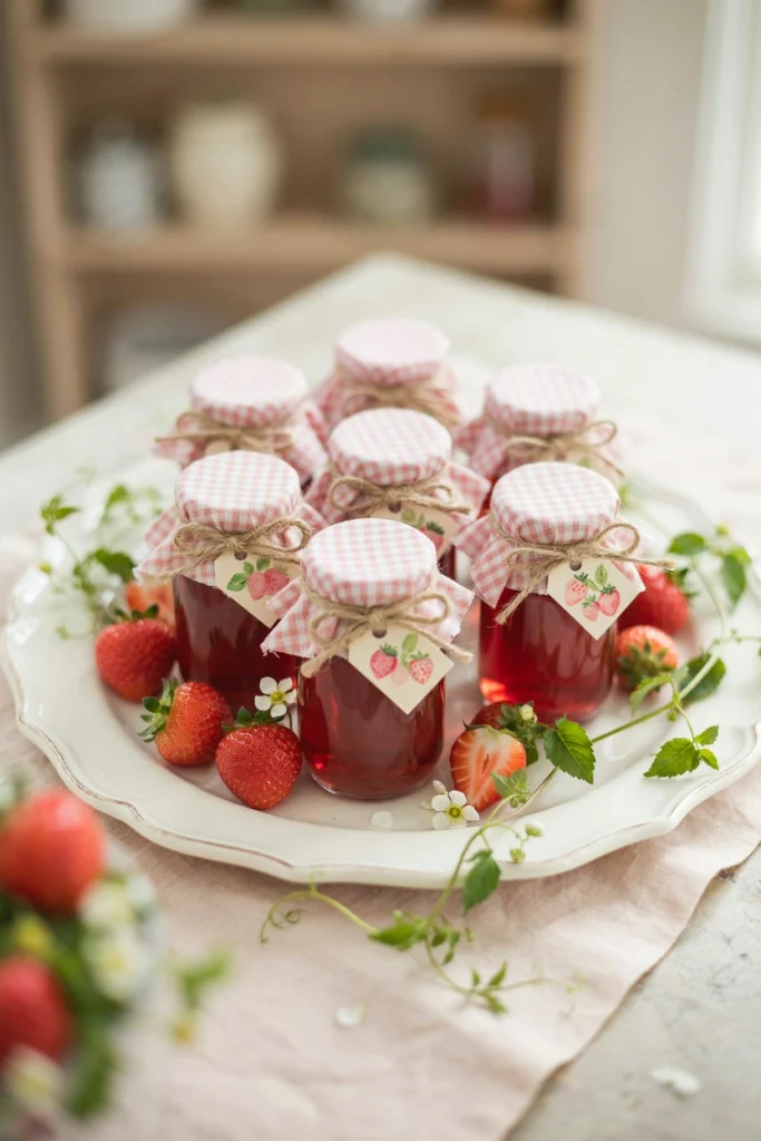 Mini jars of strawberry jam labeled with the birthday child's name and date