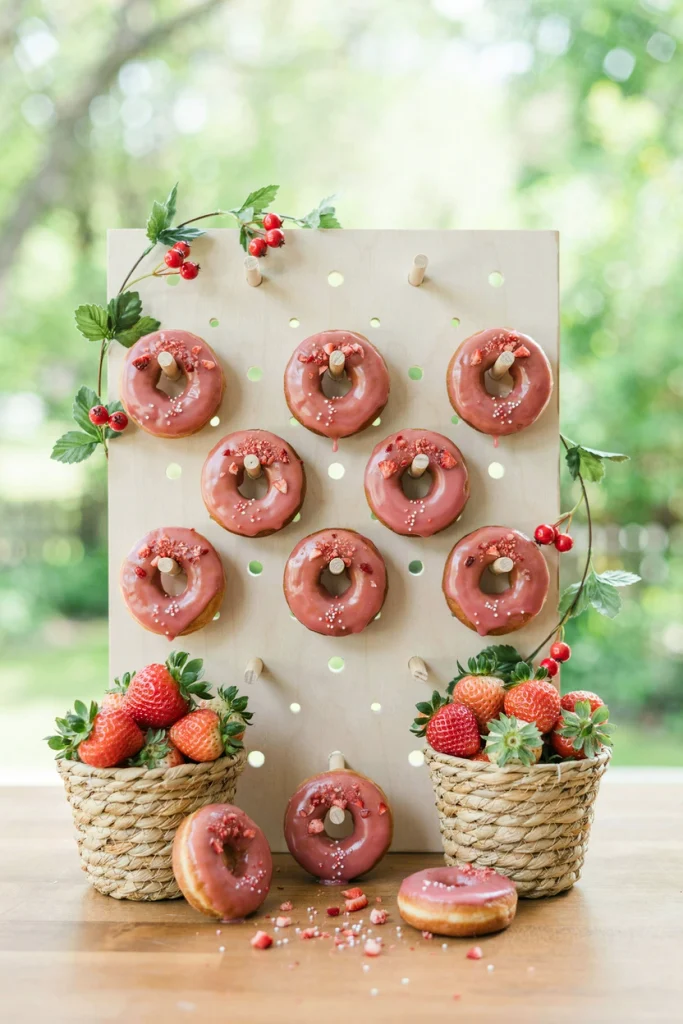 Pegboard donut wall with pink glazed mini donuts on wooden dowels