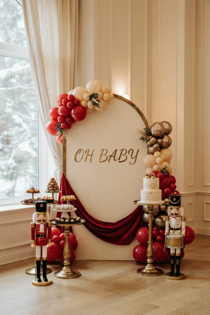 Red and gold dessert table flanked by nutcracker figurines