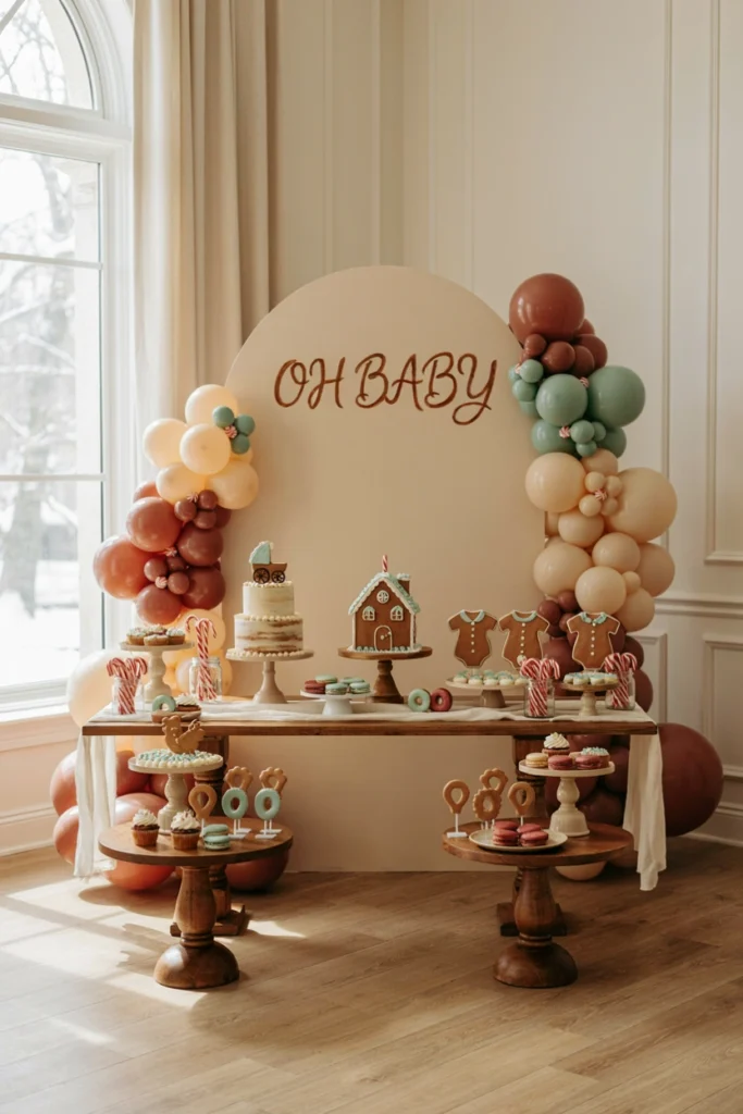 Caramel brown and cream balloon arch with gingerbread house decorations