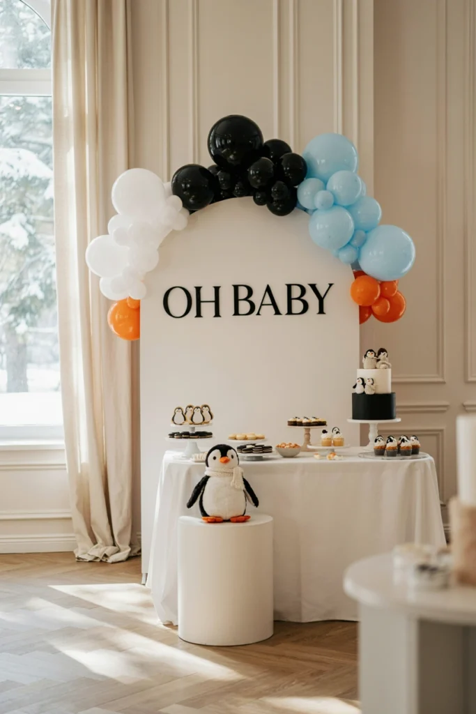Black, white, and orange penguin-themed dessert table with an igloo backdrop