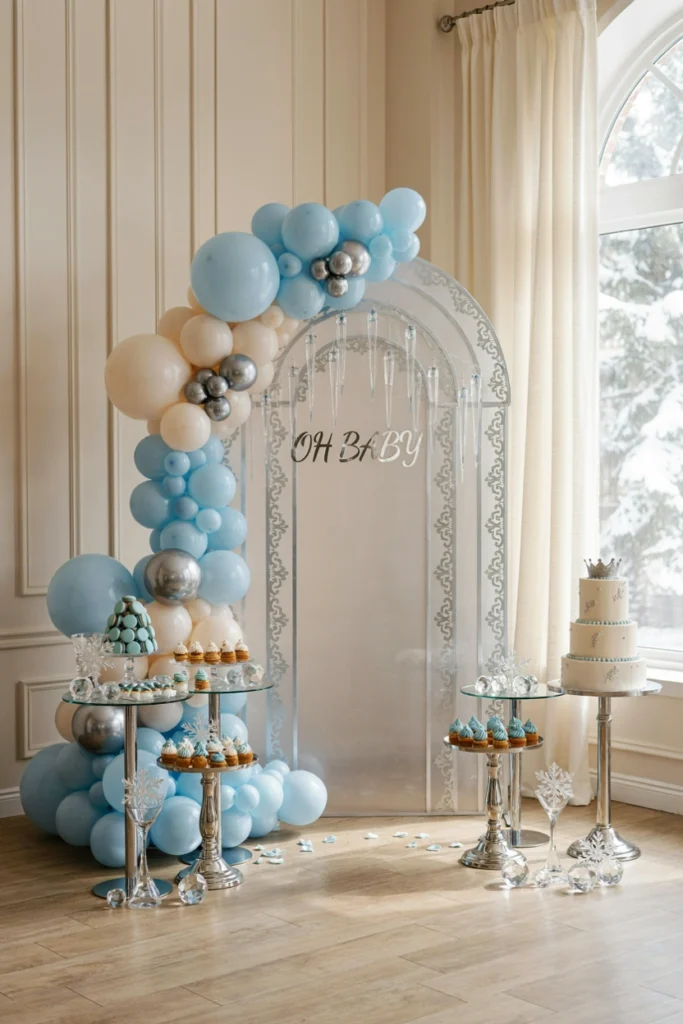 Icy blue and silver balloon arch with sparkly acrylic accents