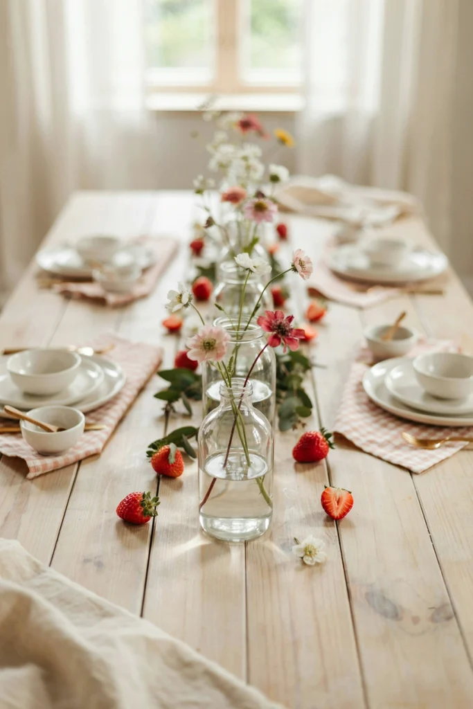 Small jam jars repurposed as bud vases with single wildflower stems