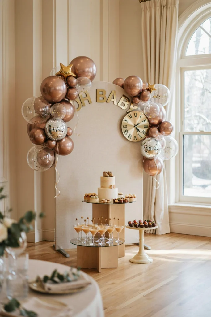 Gold, black, and white party setup with champagne flutes and confetti accents