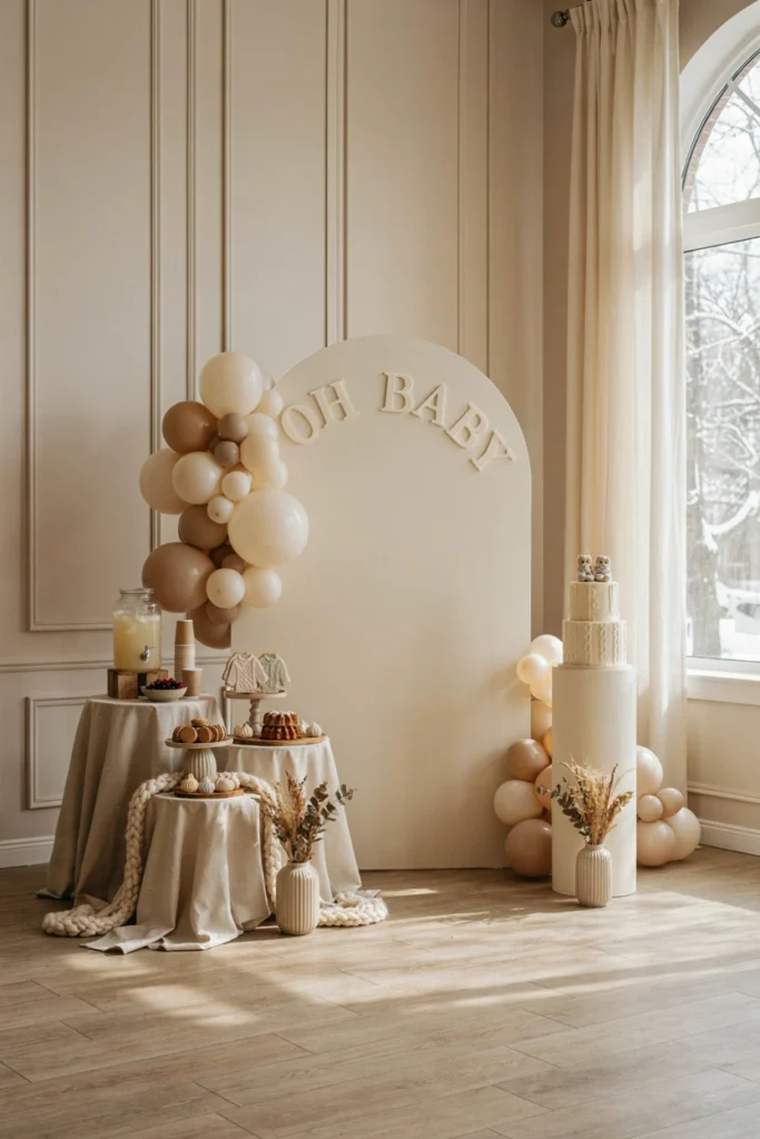 Oatmeal and cream tablescape styled with chunky knit textures and a wooden dessert stand