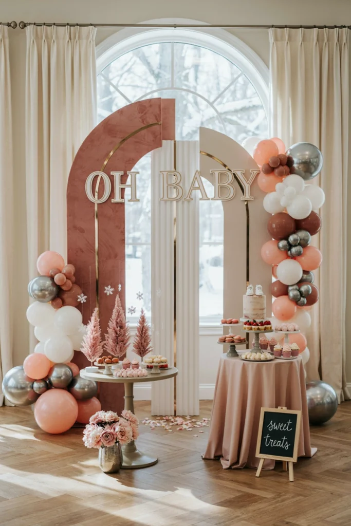 Pink and white winter wonderland balloon arch with gold sparkle accents