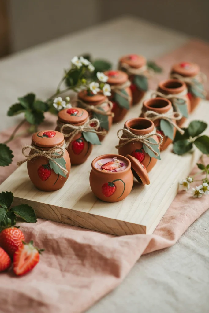 Small terracotta pots filled with wax styled as mini candle favors