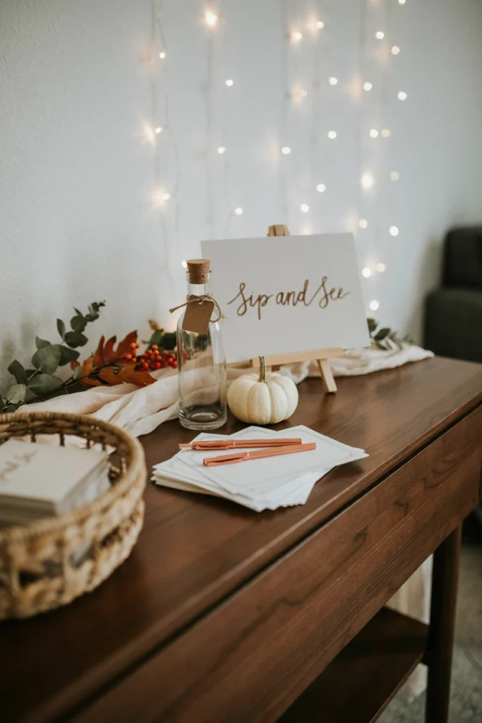 A small table with a corked bottle and pumpkin labeled for guests to write well wishes to open later, set beside string lights